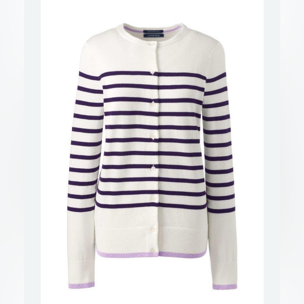 Lands End L(14-16) Ivory and BlackBerry Striped Cardigan Sweater NWT.